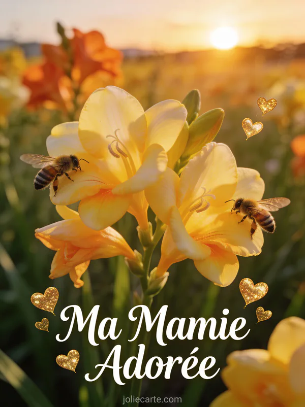 Champ freesias jaunes oranges abeilles butinant coucher soleil lumière dorée texte Ma Mamie Adorée cœurs