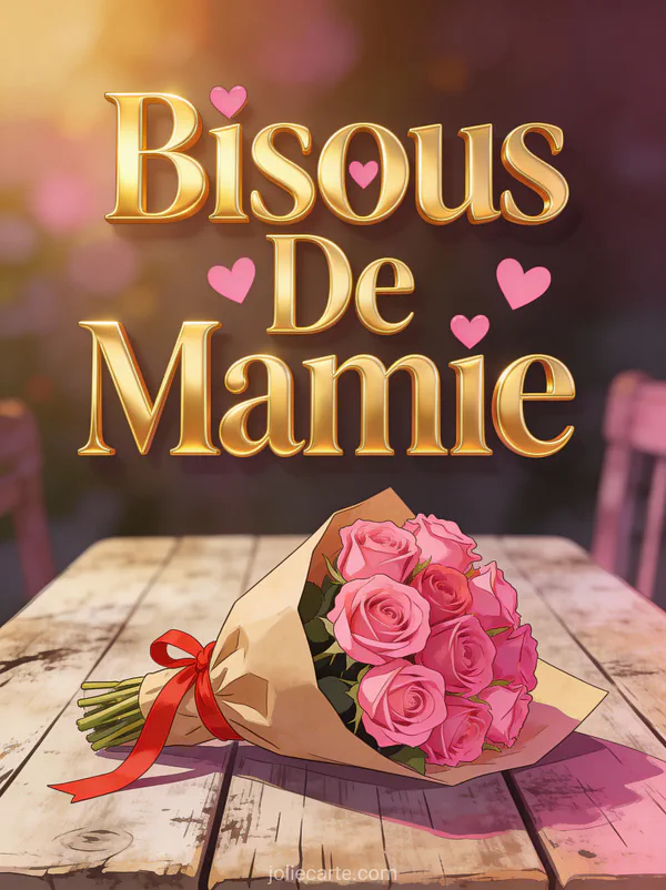 Bouquet de roses rose vif dans du papier kraft avec ruban rouge sur table rustique et Bisous De Mamie