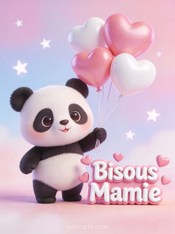 Illustration cartoon d'un petit panda tenant des ballons cœur sur fond pastel avec étoiles et Bisous Mamie