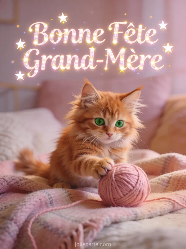 Chat maine coon roux yeux verts balle laine rose plaid douillet texte Bonne Fête Grand-Mère scintillant étoiles
