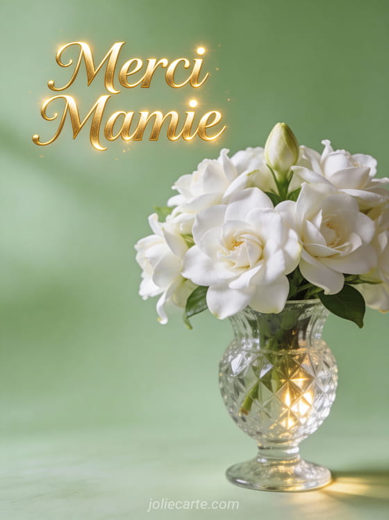 Gardénias blancs parfumés dans un vase en cristal sur fond vert doux avec le texte Merci Mamie en doré