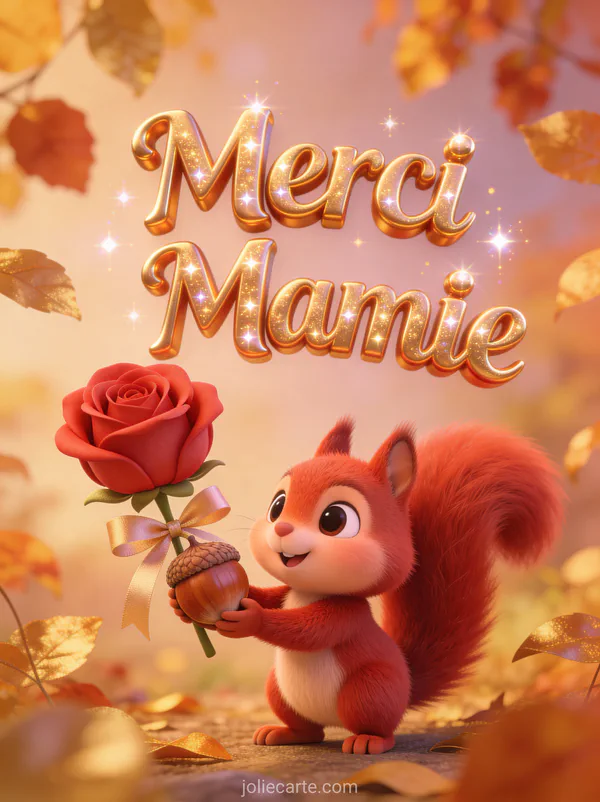 Illustration cartoon d'un petit écureuil roux offrant une noisette sur fond automnal avec feuilles dorées et Merci Mamie
