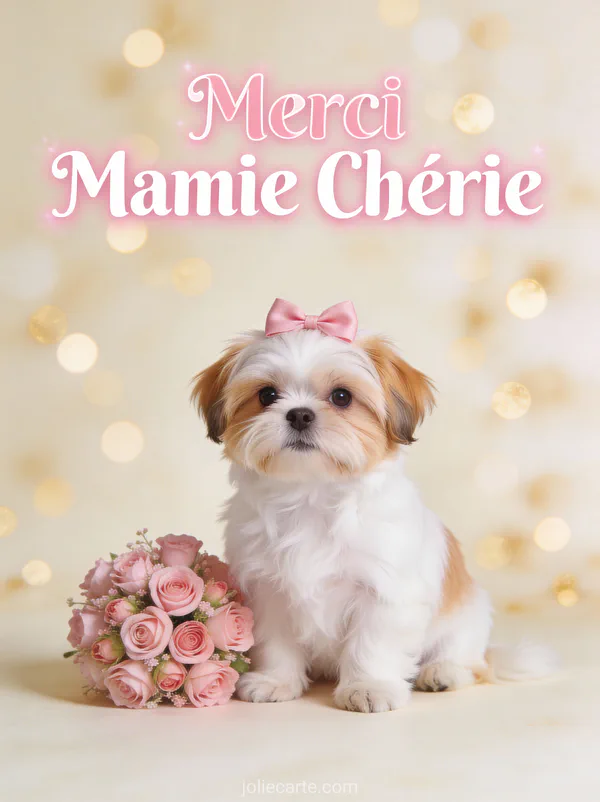 Chiot shih tzu blanc et caramel avec nœud rose et bouquet de roses roses sur fond crème et Merci Mamie Chérie
