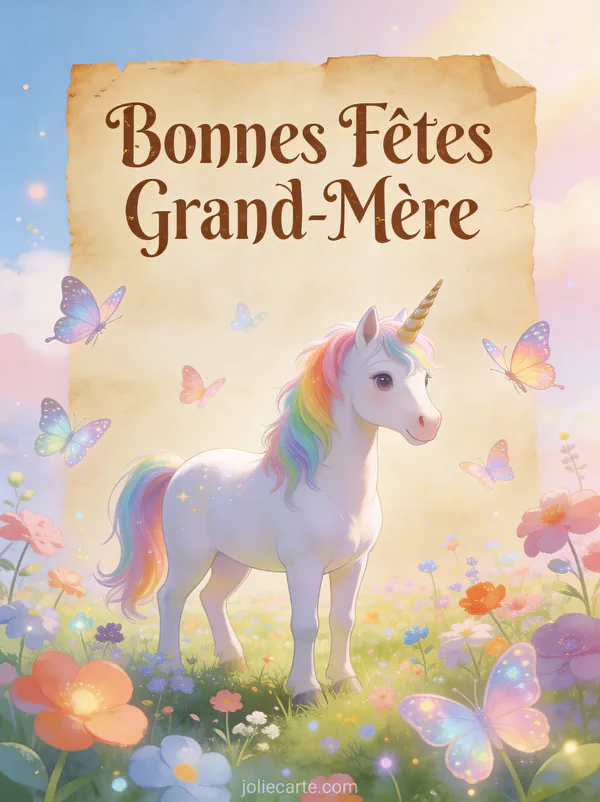 Licorne blanche crinière arc-en-ciel prairie fleurs magiques papillons irisés texte Bonnes Fêtes Grand-Mère parchemin