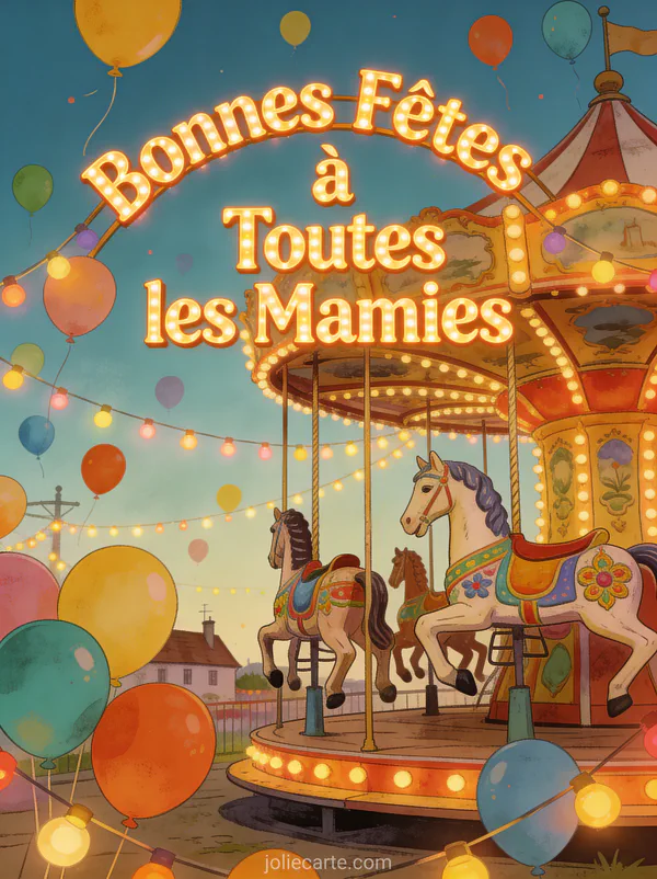 Manège ancien chevaux bois peints guirlandes lumineuses ballons ambiance fête texte Bonnes Fêtes à Toutes les Mamies foraine
