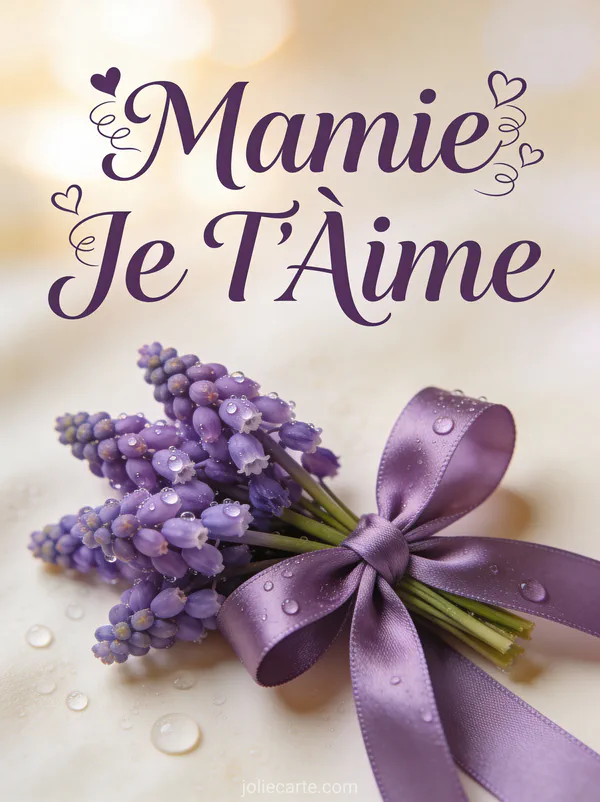 Bouquet violettes des bois ruban satin violet gouttes rosée fond crème texte Mamie Je T'Aime cœurs