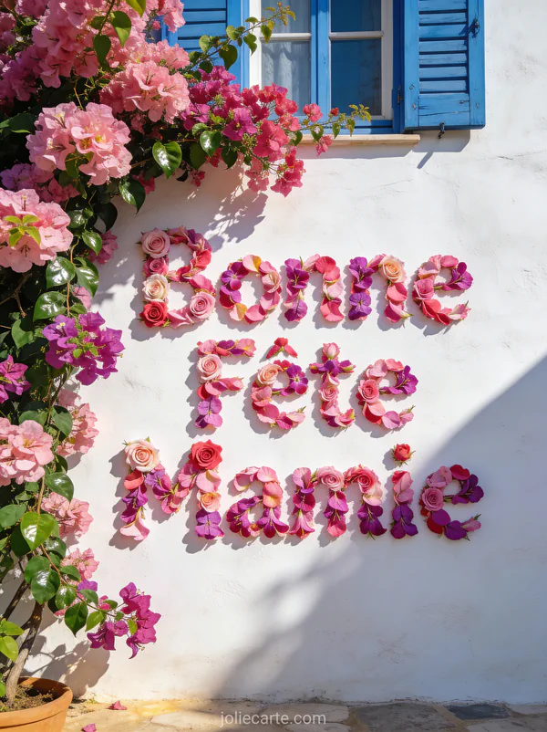 Bougainvilliers roses fuchsias cascade mur blanc méditerranéen volets bleus soleil texte Bonne Fête Mamie fleurs