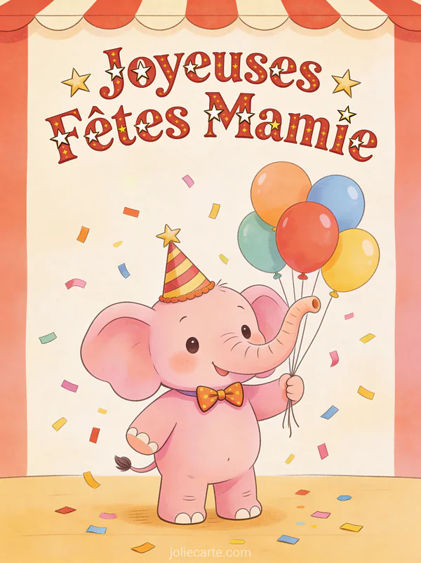 Éléphant rose chapeau fête nœud papillon ballons colorés trompe confettis texte Joyeuses Fêtes Mamie cirque