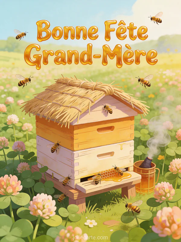 Ruche paille champ trèfles fleurs abeilles butinant fumée texte Bonne Fête Grand-Mère miel doré