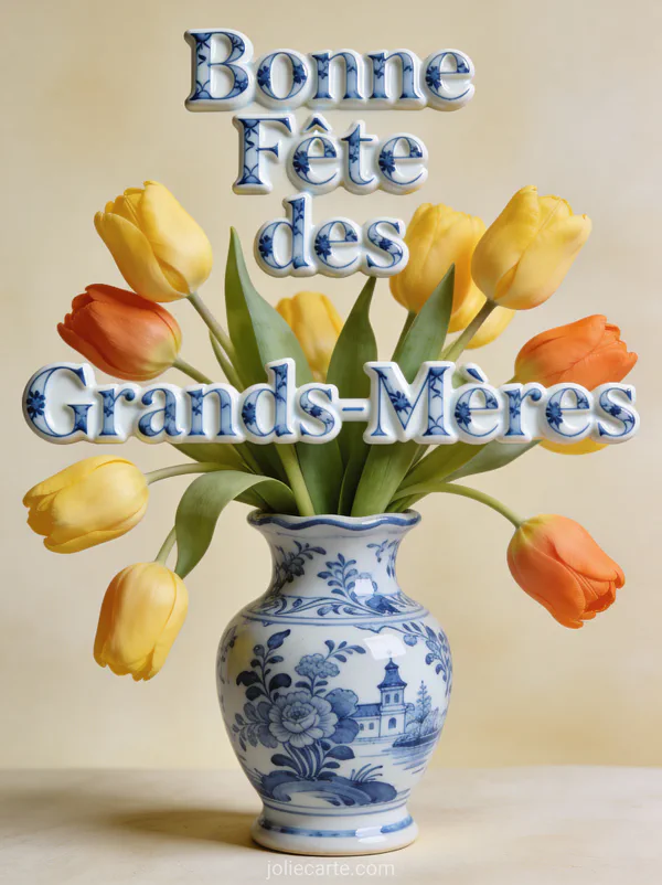 Vase Delft bleu blanc tulipes jaunes oranges fond crème nature morte texte Bonne Fête des Grands-Mères porcelaine