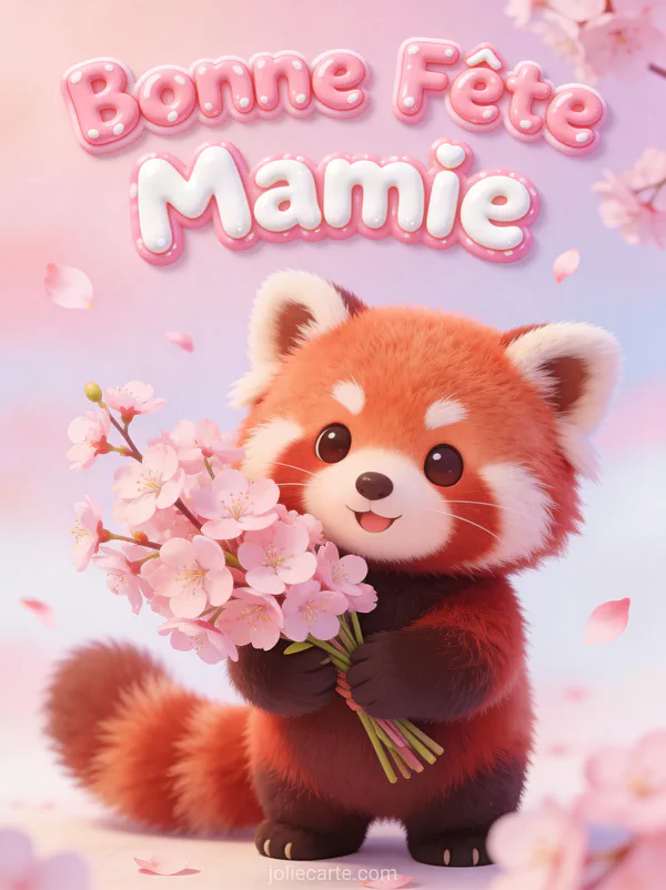 Panda roux adorable bouquet fleurs cerisier pétales volent fond pastel texte Bonne Fête Mamie sucre orge kawaii