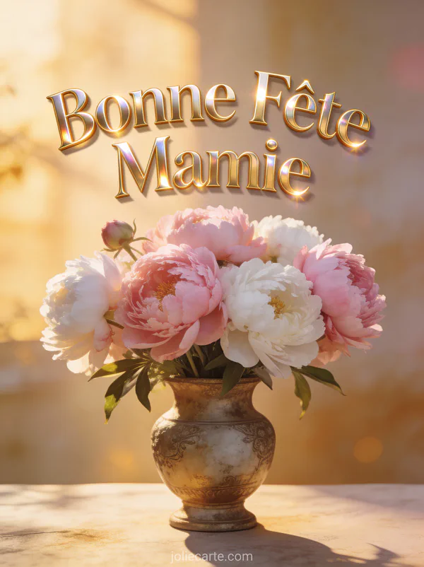 Bouquet de pivoines roses et blanches dans un vase ancien avec le texte Bonne Fête Mamie en lettres dorées