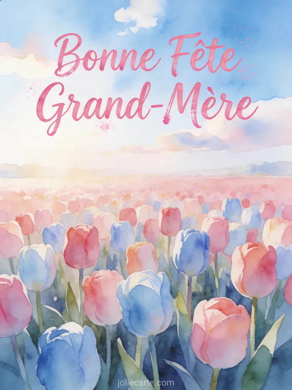 Champ de tulipes colorées au printemps avec le texte Bonne Fête Grand-Mère en lettres cursives roses