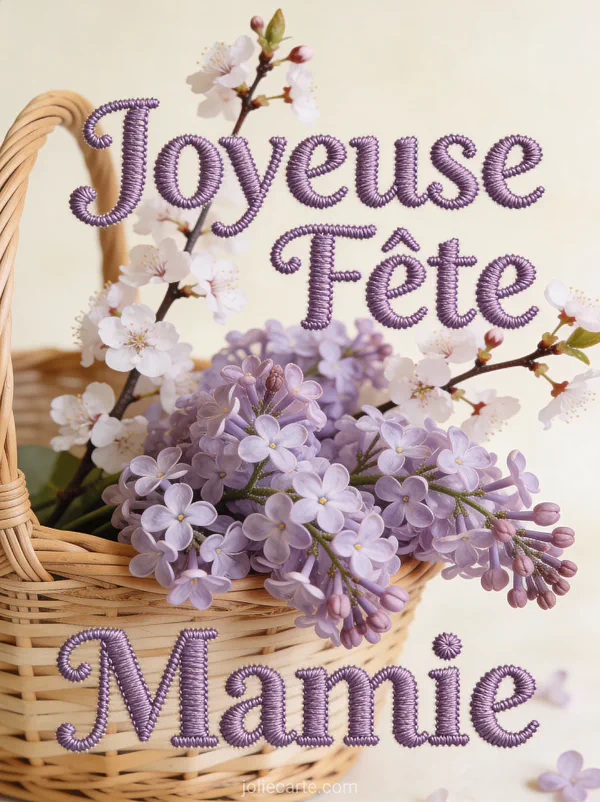 Panier en osier avec bouquet de lilas et branches de cerisier en fleurs avec le texte Joyeuse Fête Mamie