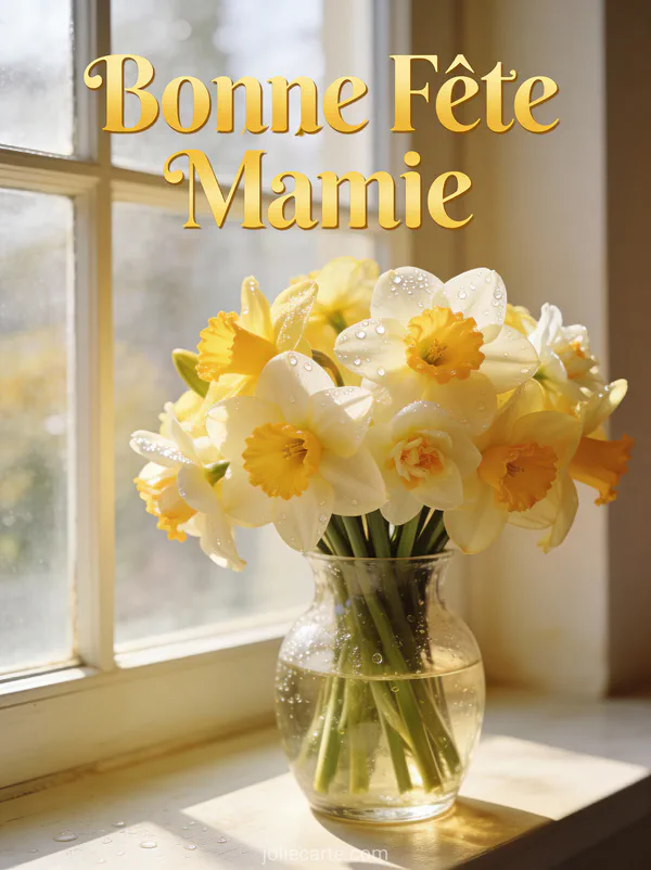 Bouquet de jonquilles et narcisses dans un vase en verre avec lumière naturelle et le texte Bonne Fête Mamie
