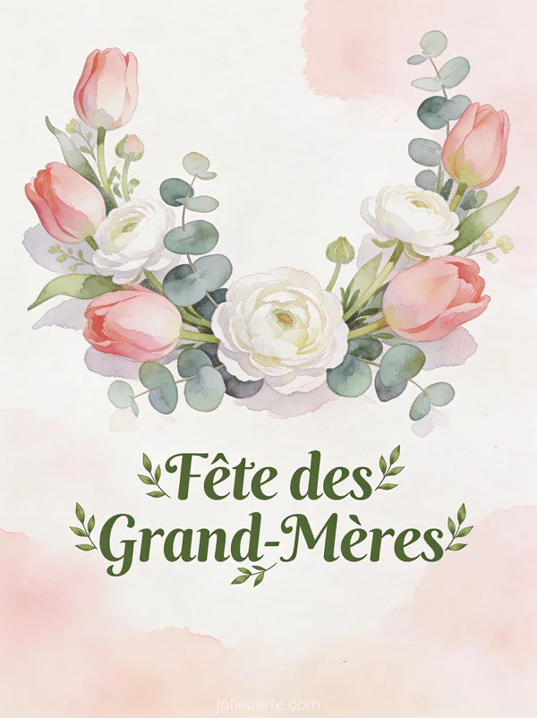 Couronne de tulipes roses renoncules blanches et eucalyptus sur fond aquarelle avec le texte Fête des Grand-Mères