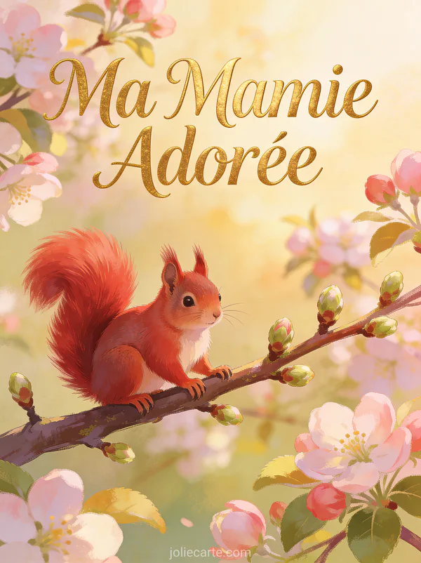 Écureuil roux sur une branche avec bourgeons et fleurs de pommier avec le texte Ma Mamie Adorée