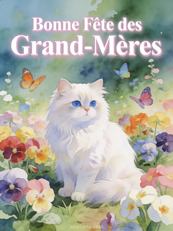 Chat persan blanc aux yeux bleus dans un jardin de primevères avec papillons et le texte Bonne Fête des Grand-Mères