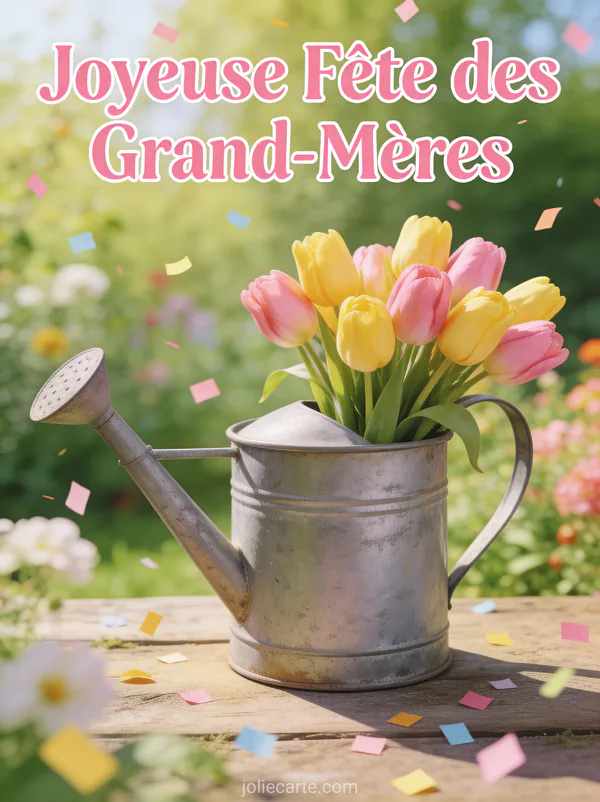 Tulipes jaunes et roses dans un arrosoir en zinc vintage avec fond de jardin printanier et le texte Joyeuse Fête des Grand-Mères