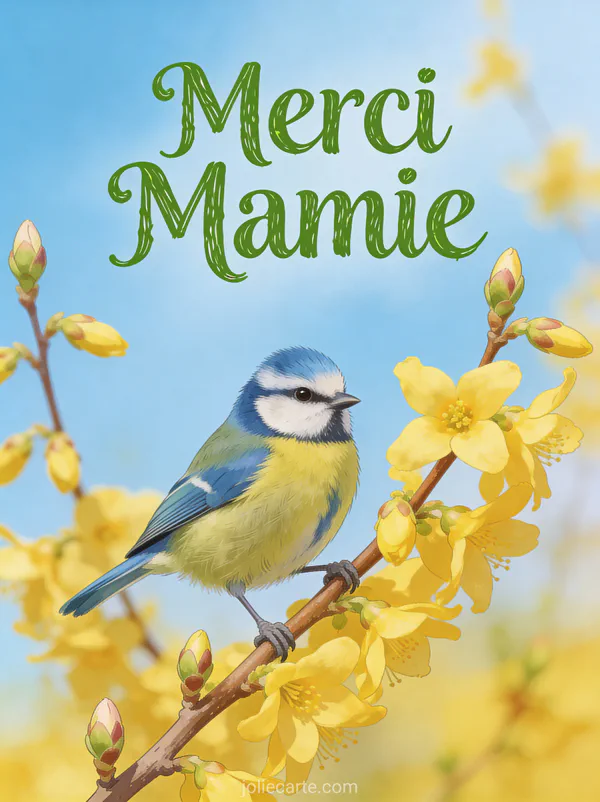 Mésange bleue posée sur une branche de forsythia jaune avec bourgeons et ciel bleu avec le texte Merci Mamie