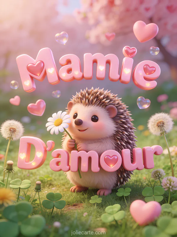 Hérisson mignon tenant une pâquerette dans une prairie printanière avec pissenlits et le texte Mamie D'amour