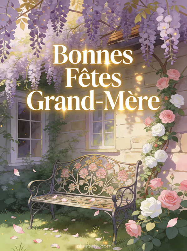 Jardin de cottage avec glycine en cascade banc en fer forgé et roses grimpantes avec le texte Bonnes Fêtes Grand-Mère