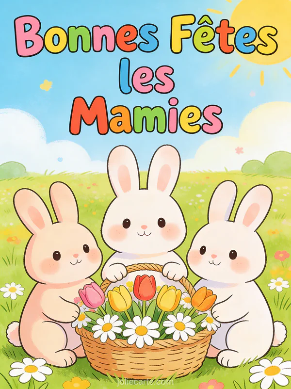 Groupe de lapins mignons avec panier de fleurs dans une prairie ensoleillée avec le texte Bonnes Fêtes les Mamies