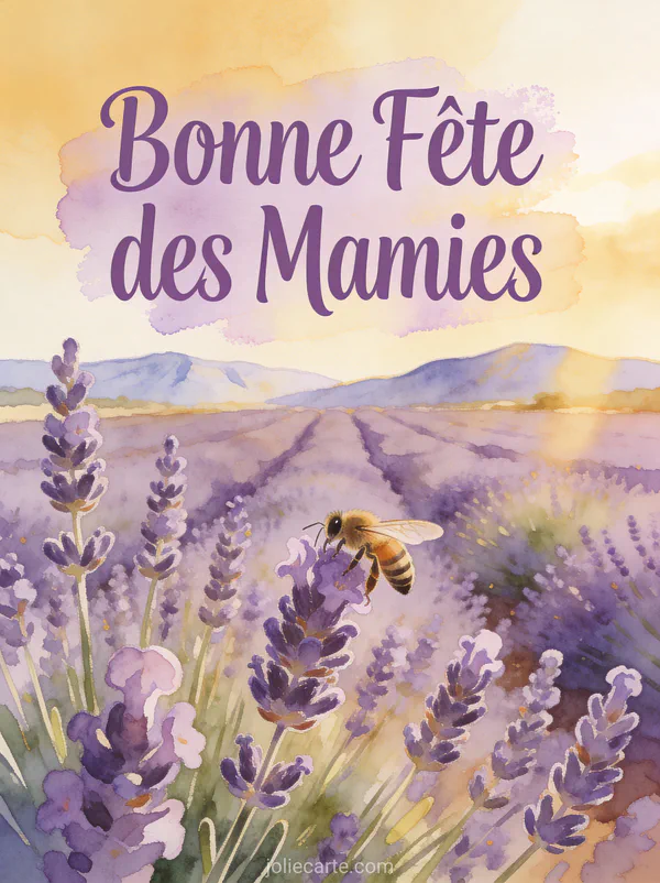 Champ de lavande en fleurs avec abeille et montagnes provençales sous lumière dorée avec le texte Bonne Fête des Mamies