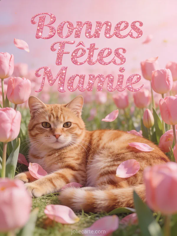 Chat tigré roux couché dans un champ de tulipes roses avec regard doux et le texte Bonnes Fêtes Mamie