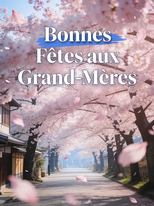 Allée de cerisiers en fleurs avec pétales roses qui volent dans une ambiance poétique avec le texte Bonnes Fêtes aux Grand-Mères