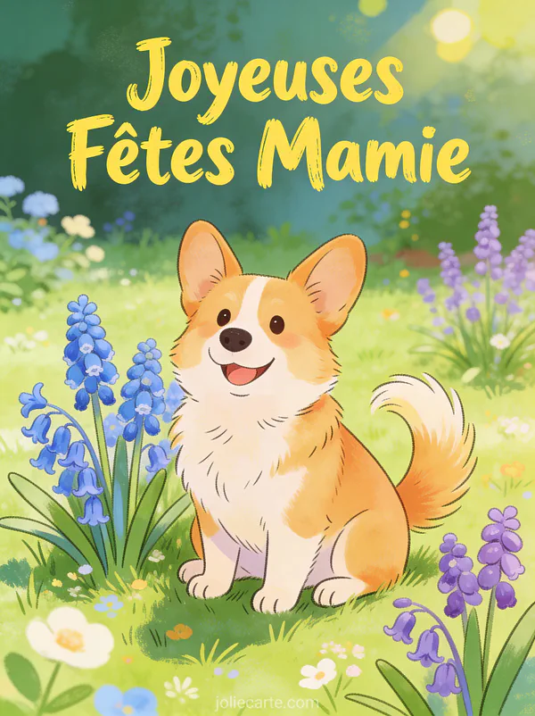 Corgi souriant assis dans un jardin de jacinthes bleues et muscaris avec le texte Joyeuses Fêtes Mamie