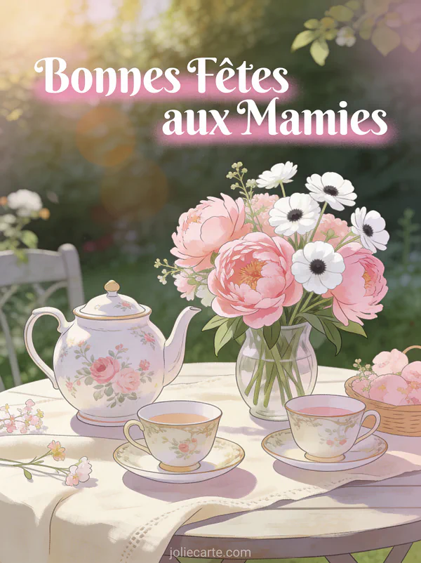 Table de jardin avec théière fleurie tasses anciennes et bouquet de pivoines sur nappe en lin avec le texte Bonnes Fêtes aux Mamies