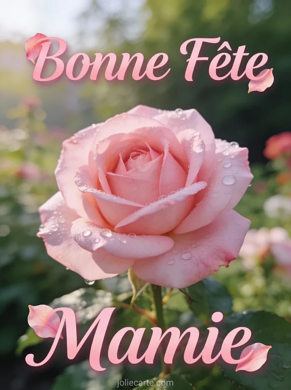 Rose rose épanouie en gros plan avec gouttes de rosée et fond de jardin flou avec le texte Bonne Fête Mamie