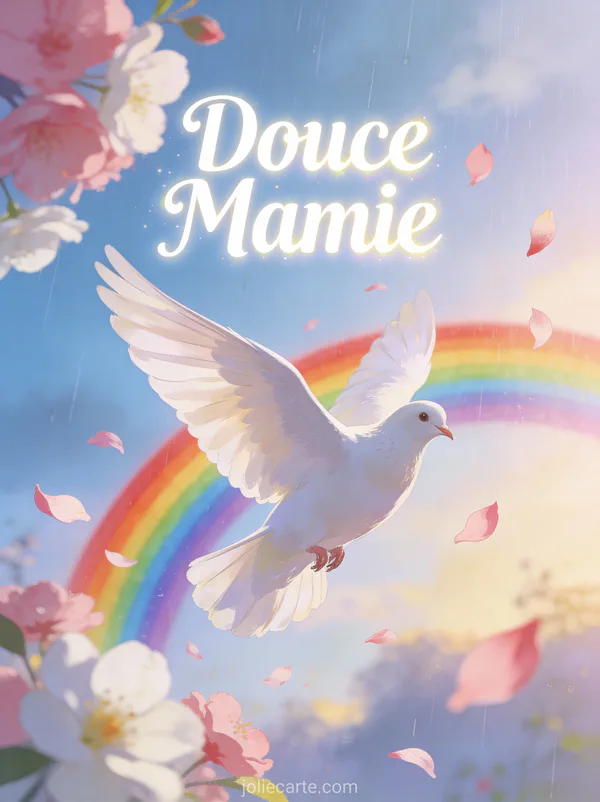 Colombe blanche en vol devant un arc-en-ciel avec pétales de fleurs et ciel après la pluie avec le texte Douce Mamie