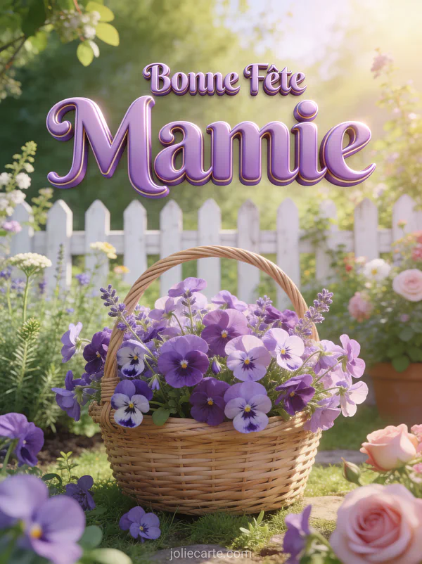 Panier de violettes et pensées dans un jardin de printemps avec clôture blanche avec le texte Bonne Fête Mamie