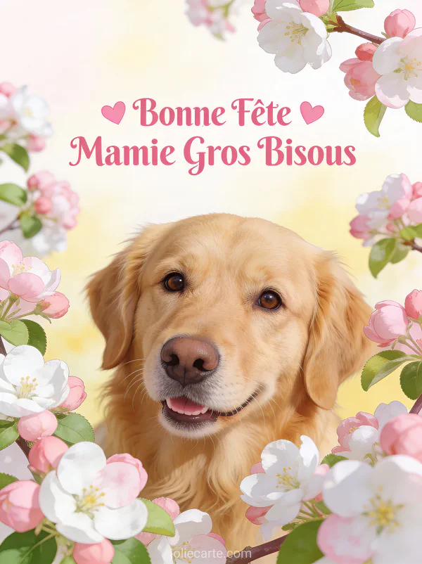 Golden retriever au regard tendre entouré de fleurs de pommier avec cœurs et le texte Bonne Fête Mamie Gros Bisous
