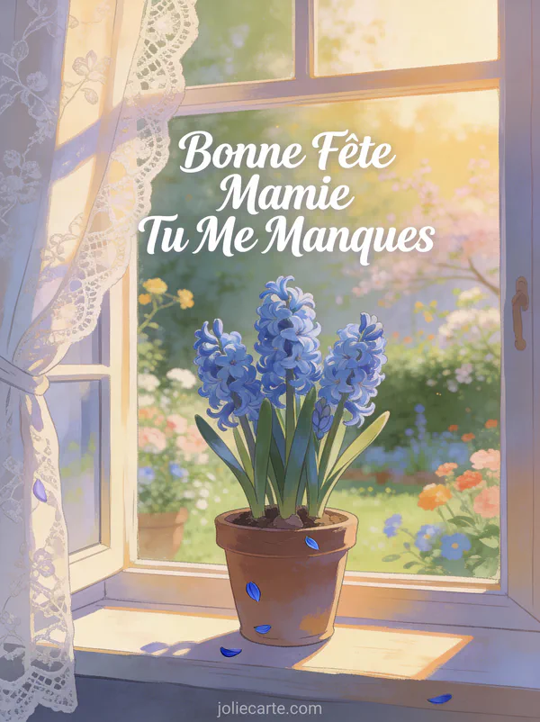 Fenêtre avec rideaux de dentelle et pot de jacinthes sur le rebord avec vue sur jardin et le texte Bonne Fête Mamie Tu Me Manques