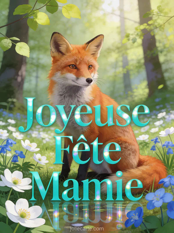 Renard roux assis dans une clairière avec anémones et pervenches en sous-bois printanier avec le texte Joyeuse Fête Mamie