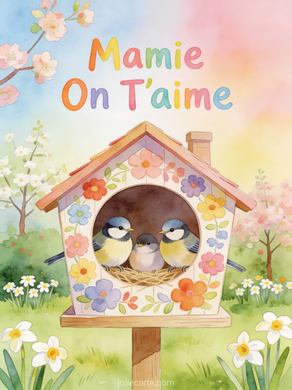 Famille de mésanges dans un nichoir décoré de fleurs dans un jardin printanier style aquarelle avec le texte Mamie On T'aime