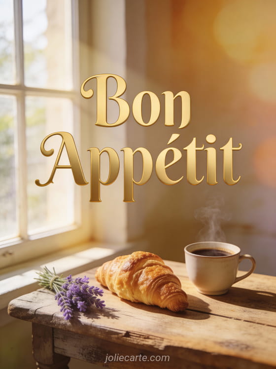 Table rustique en bois avec croissant doré, tasse de café fumant et bouquet de lavande avec le texte Bon Appétit en lettres dorées