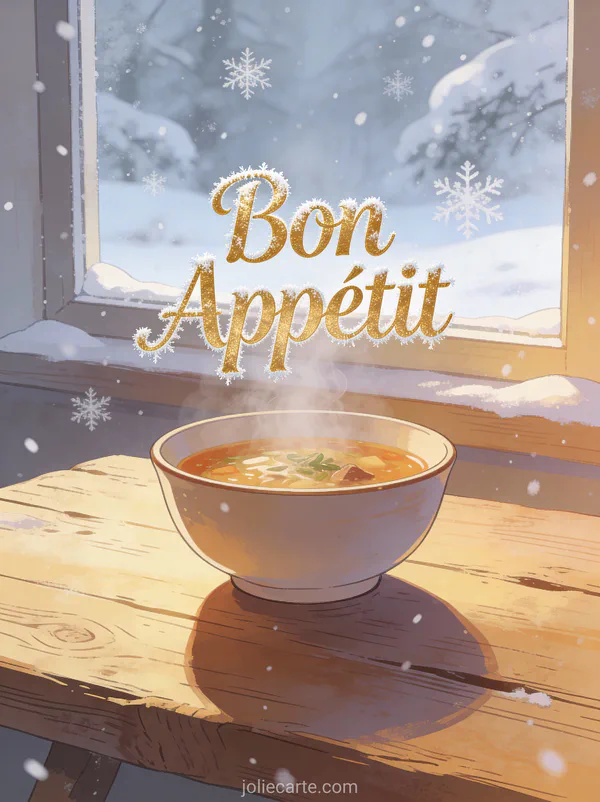 Bol de soupe fumante sur une table en bois rustique devant une fenêtre avec paysage enneigé et texte Bon Appétit
