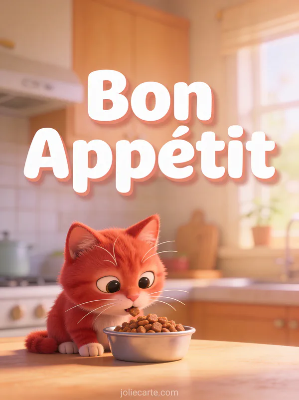 Adorable chaton roux assis devant sa gamelle dans une cuisine lumineuse avec le texte Bon Appétit
