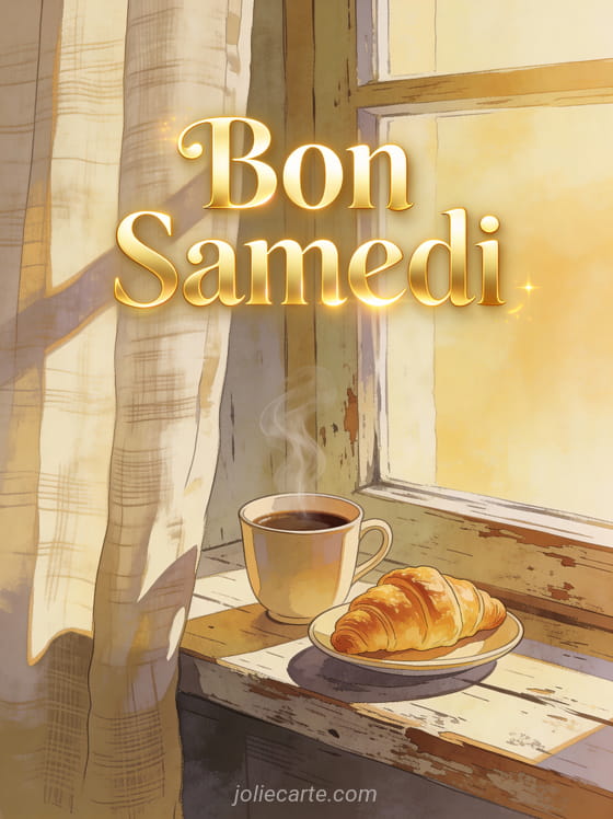 Tasse de café fumante sur un rebord de fenêtre en bois avec lumière dorée du matin et croissant doré, texte Bon Samedi