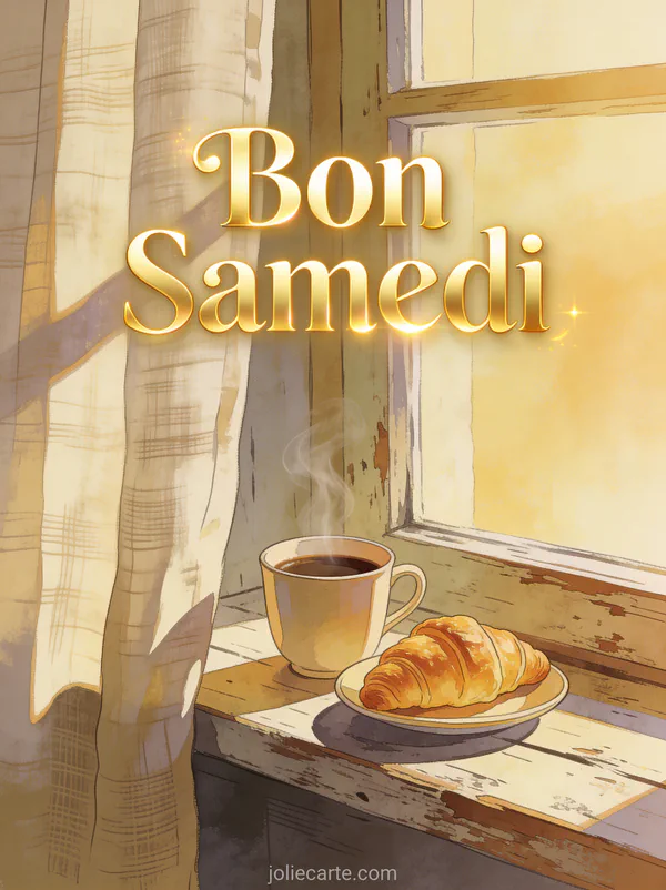 Tasse de café fumante sur un rebord de fenêtre en bois avec lumière dorée du matin et croissant doré, texte Bon Samedi