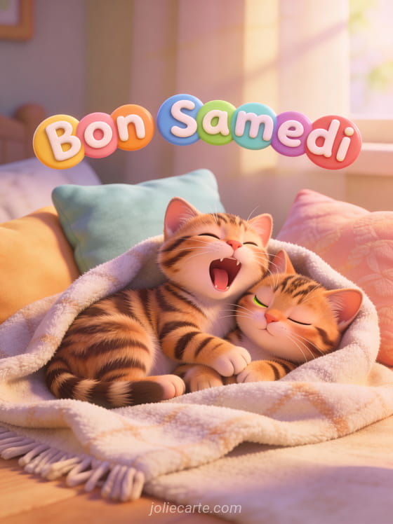Deux chatons tigrés blottis sur un plaid douillet avec le texte Bon Samedi en lettres colorées style cartoon