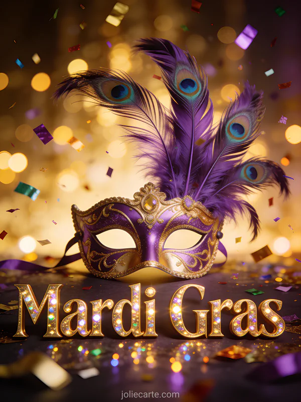 Masque vénitien violet et or orné de plumes de paon avec confettis colorés et le texte Mardi Gras en lettres dorées