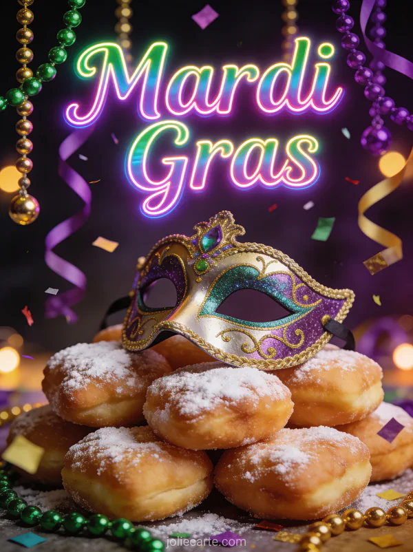 Masque de carnaval coloré posé sur des beignets dorés saupoudrés de sucre avec guirlandes de perles et le texte Mardi Gras