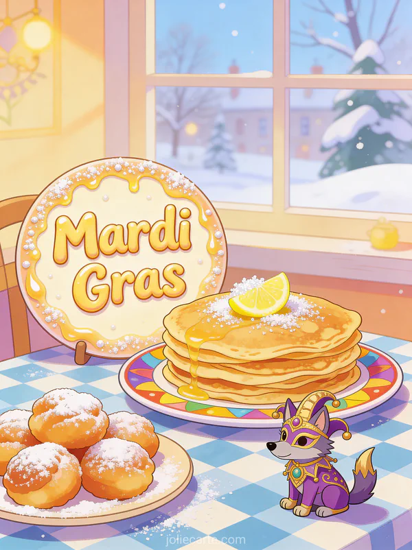 Pile de crêpes dorées et bugnes saupoudrées de sucre glace avec un masque de carnaval et le texte Mardi Gras