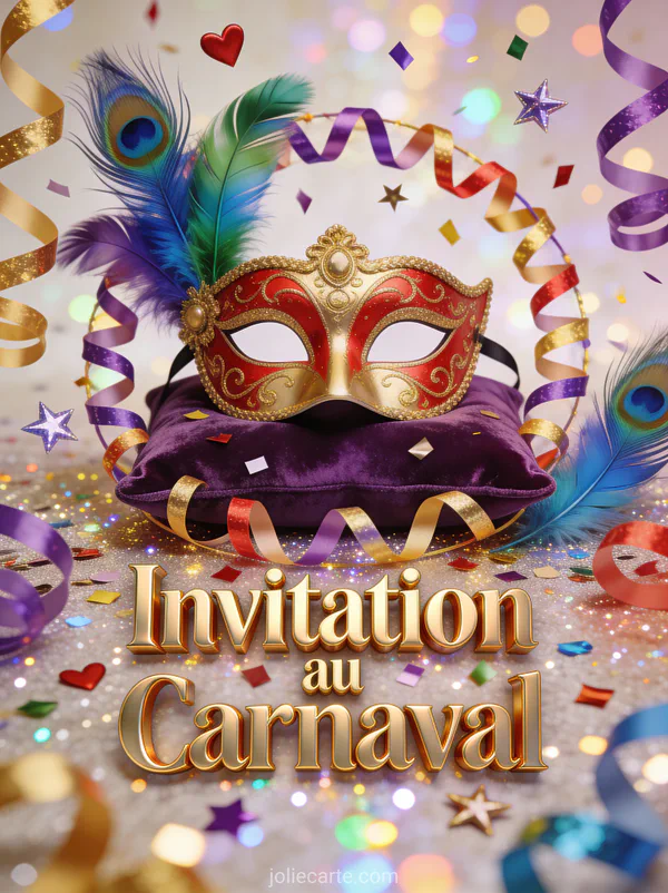 Masque vénitien rouge et or posé sur un coussin violet avec confettis et serpentins colorés et le texte Invitation au Carnaval