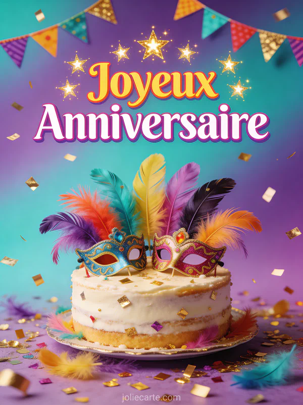 Gâteau d'anniversaire décoré de masques de carnaval et de plumes multicolores avec confettis et le texte Joyeux Anniversaire